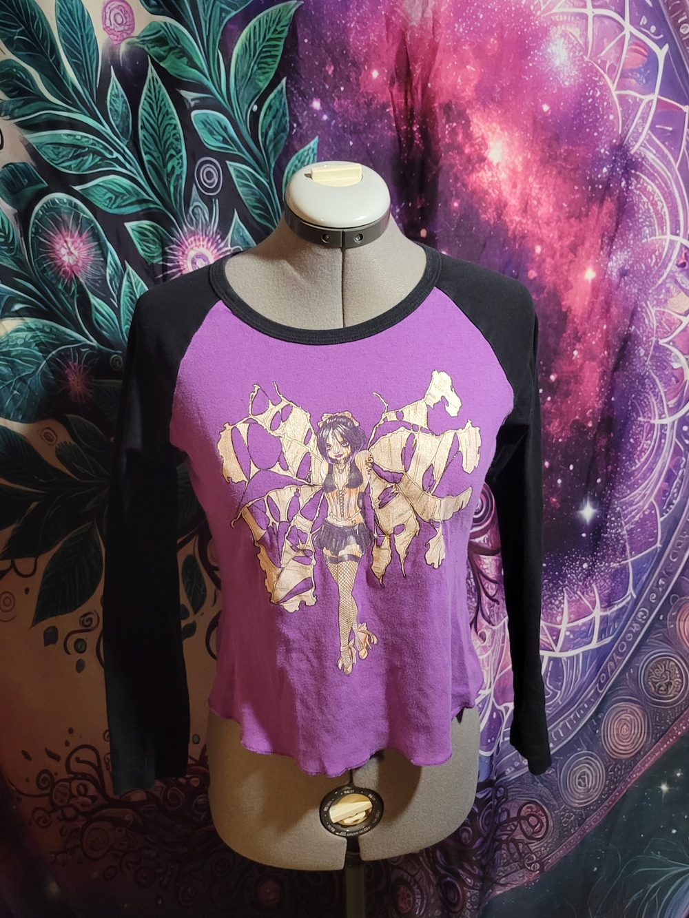 Purple & Black Raglan Tee with Graphic Fairy Print
